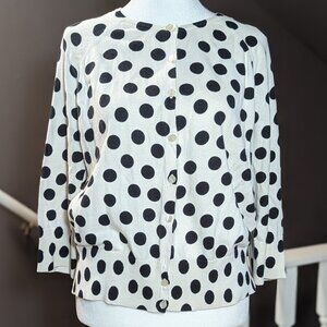 Ann Taylor Classic Cardigan, Winter White with Black Polka-dots, 3/4 sleeve, Siz